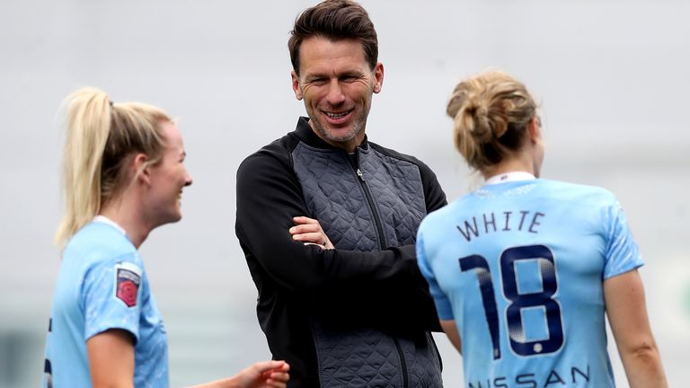 Manchester City, managed by Gareth Taylor (centre), are playing in the Women's Champions League for the sixth successive season