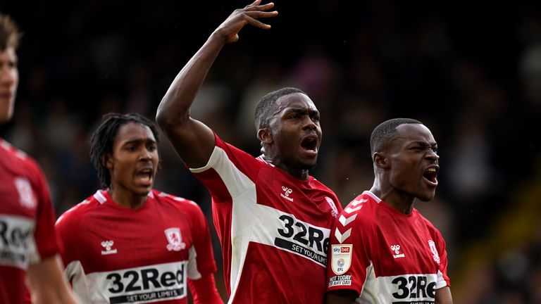 Middlesbrough's Marc Bola celebrates with team-mates after scoring against Fulham