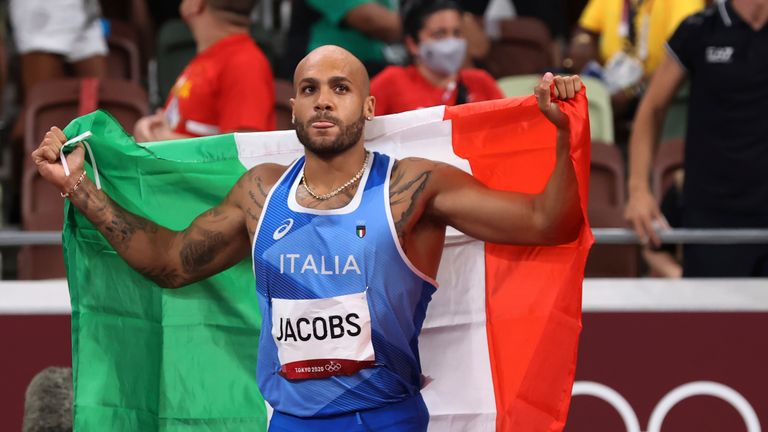 Marcell Jacobs celebrates 100m glory