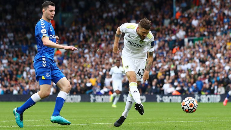 Mateusz Klich equalises for Leeds as Michael Keane looks on