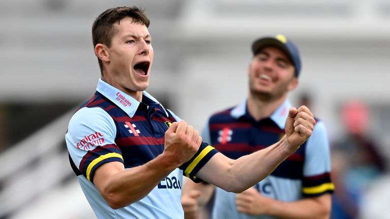 Matty Potts of Durham celebrates after taking the wicket of Kiran Carlson of Glamorgan during the Royal London Cup Final between Glamorgan and Durham at Trent Bridge on August 19, 2021 in Nottingham