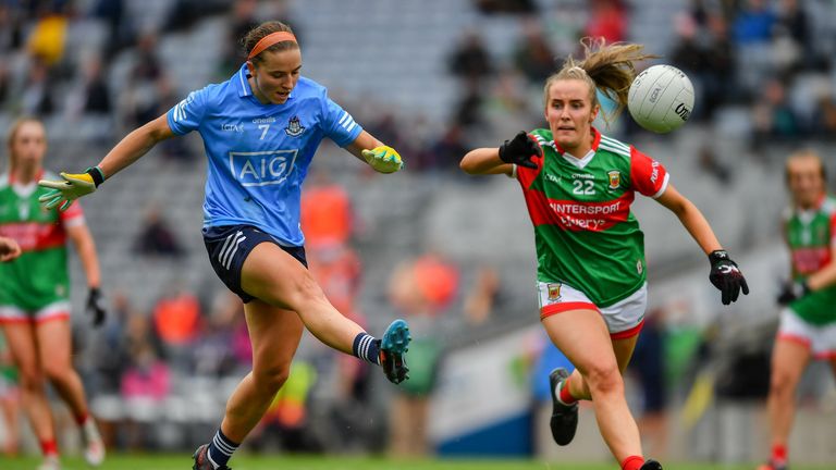 14 August 2021; Orlagh Nolan of Dublin in action against Tara Needham of Mayo during the TG4 Ladies Football All-Ireland Championship semi-final match between Dublin and Mayo at Croke Park in Dublin. Photo by Ray McManus/Sportsfile 