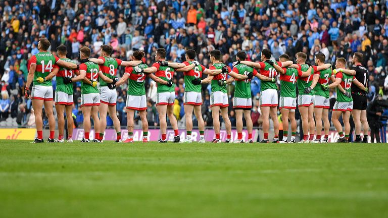 14 August 2021; Mayo players during Amhr..n na bhFiann before the GAA Football All-Ireland Senior Championship semi-final match between Dublin and Mayo at Croke Park in Dublin. Photo by Seb Daly/Sportsfile