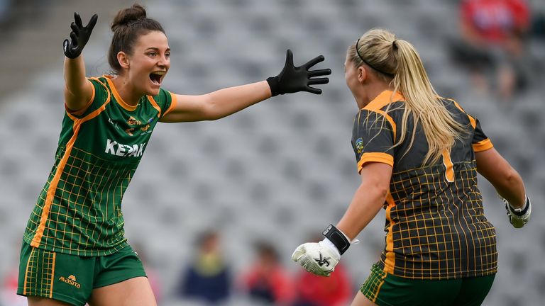 Meath's Máire O'Shaughnessy, left, and goalkeeper Monica McGuirk celebrate following the TG4 All-Ireland Senior Ladies Football Championship Semi-Final match between Cork and Meath at Croke Park in Dublin. Photo by Stephen McCarthy/Sportsfile 