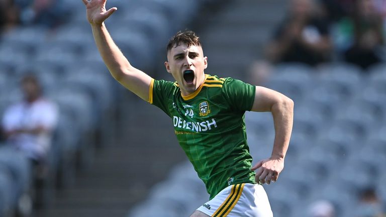 Oisín Ó Murchú of Meath celebrates scoring his side's first goal during the Electric Ireland GAA Football All-Ireland Minor Championship Final match between Meath and Tyrone at Croke Park in Dublin. Photo by Piaras .. M..dheach/Sportsfile