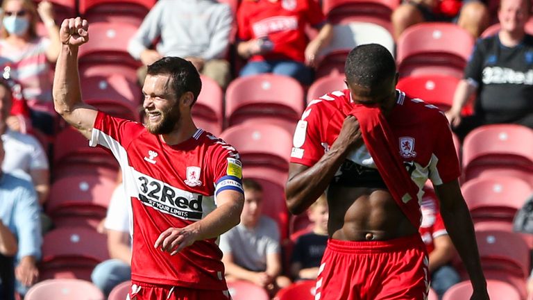 MIDDLESBROUGH, ENGLAND - AUGUST 28: Middlesbrough's Jonny Howson celebrates scoring his side's equalising goal to make the score 1-1 during the Sky Bet Championship match between Middlesbrough and Blackburn Rovers at Riverside Stadium on August 28, 2021 in Middlesbrough, England. (Photo by Alex Dodd - CameraSport via Getty Images)                                                                                                                        