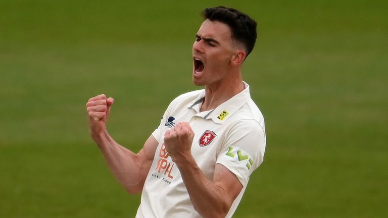 HOVE, ENGLAND - MAY 14: Nathan Gilchrist of Kent celebrates the wicket of Stiaan van Zyl of Sussex on Day 2 of the LV= Insurance County Championship match between Sussex and Kent at The 1st Central County Ground on May 14, 2021 in Hove,