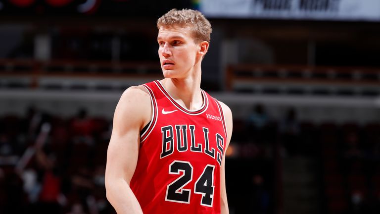 CHICAGO, IL - MAY 13: Lauri Markkanen #24 of the Chicago Bulls looks on during the game against the Toronto Raptors on May 13, 2021 at United Center in Chicago, Illinois. NOTE TO USER: User expressly acknowledges and agrees that, by downloading and or using this photograph, User is consenting to the terms and conditions of the Getty Images License Agreement. Mandatory Copyright Notice: Copyright 2021 NBAE (Photo by Jeff Haynes/NBAE via Getty Images).