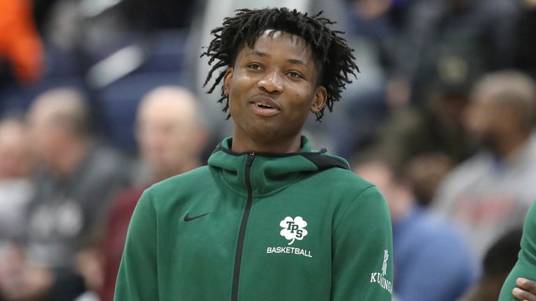 The Patrick School's Jonathan Kuminga is seen pre-game against Blair Academy during a high school basketball game on Friday, January 10, 2020 in Toms River, NJ.  Blair Academy won the game.(Gregory Payan via AP)
