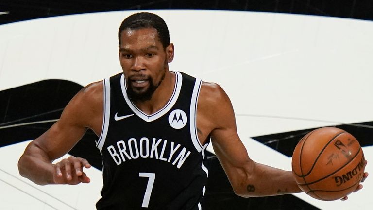 Brooklyn Nets&#39; Kevin Durant (7) during the first half of Game 7 of a second-round NBA basketball playoff series against the Milwaukee Bucks Saturday, June 19, 2021, in New York. (AP Photo/Frank Franklin II)