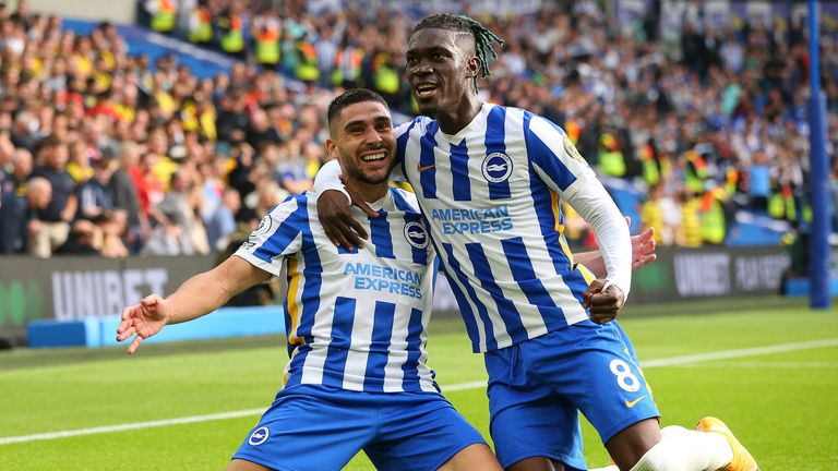 Neal Maupay celebrates with team-mate Yves Bissouma after doubling Brighton's lead (Paul Terry/CSM via ZUMA Wire)