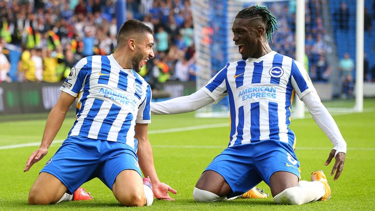 Neal Maupay and team-mate Yves Bissouma celebrate as Brighton double their lead at the Amex (Paul Terry/CSM via ZUMA Wire)