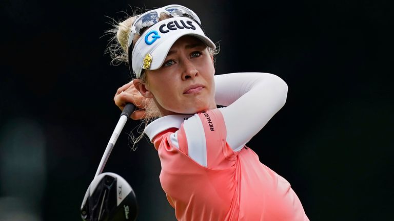 Nelly Korda, hits her tee shot on the sixth hole during the third round of play in the KPMG Women...s PGA Championship golf tournament  Saturday, June 26, 2021, in Johns Creek, Ga. (AP Photo/John Bazemore)