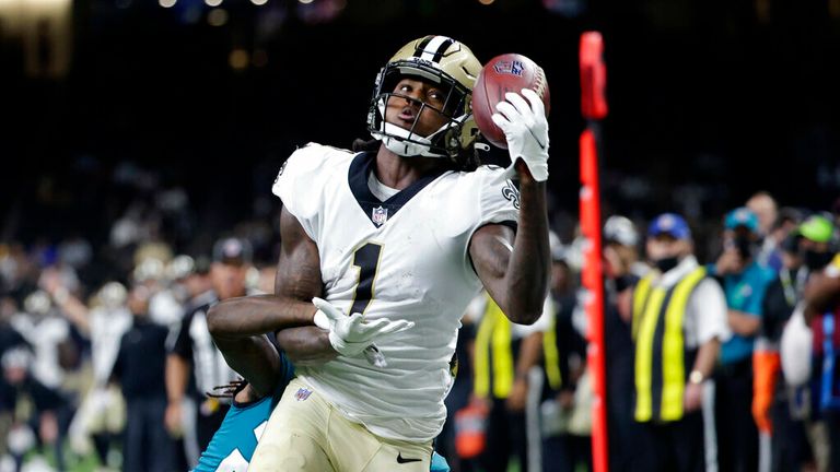New Orleans Saints wide receiver Marquez Callaway (1) pulls in a one handed touchdown reception over Jacksonville Jaguars cornerback Shaquill Griffin in the first half of an NFL preseason football game in New Orleans, Monday, Aug. 23, 2021. (AP Photo/Derick Hingle)