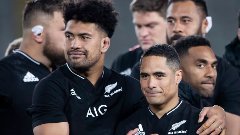 Ardie Savea and Aaron Smith after New Zealand's victory over Australia, August 7, 2021