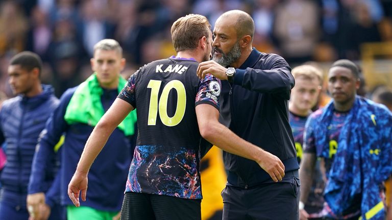 Tottenham Hotspur&#39;s Harry Kane (left) hugs manager Nuno Espirito Santo at the end of the Premier League match at the Molineux Stadium, Wolverhampton