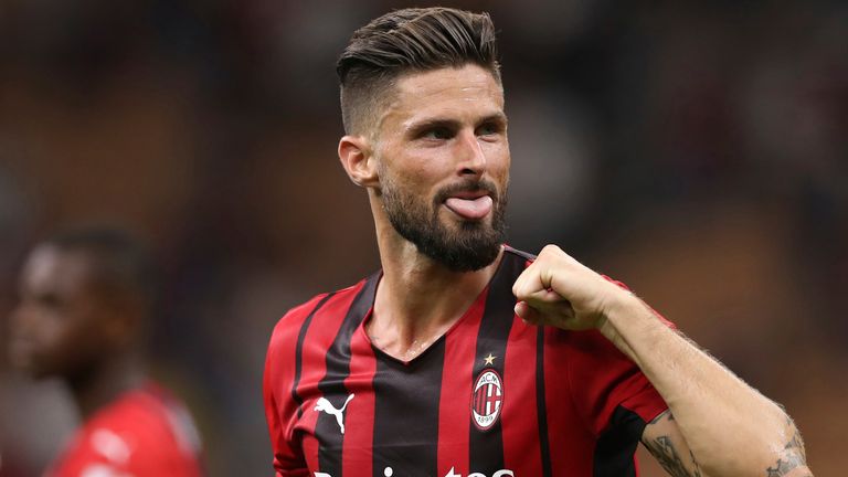 Olivier Giroud celebrates his goal for AC Milan