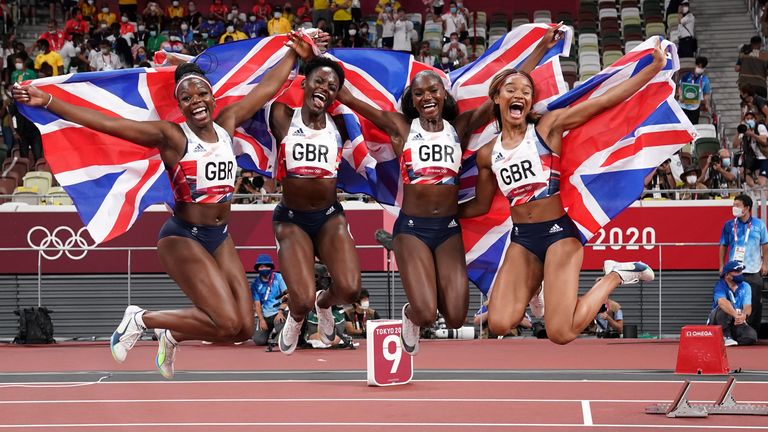 Dina Asher-Smith, Daryll Neita, Asha Philip and Imani-Lara Lansiquot celebrate their bronze medal