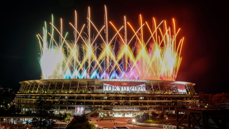 Fireworks illuminate over National Stadium during the closing ceremony of the 2020 Tokyo Olympics, Sunday, Aug. 8, 2021, in Tokyo. (AP Photo/Kiichiro Sato)