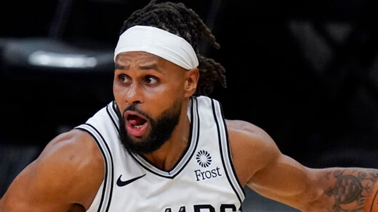 San Antonio Spurs guard Patty Mills (8) during the second half of an NBA basketball game against the Phoenix Suns in San Antonio, Saturday, May 15, 2021. (AP Photo/Eric Gay)