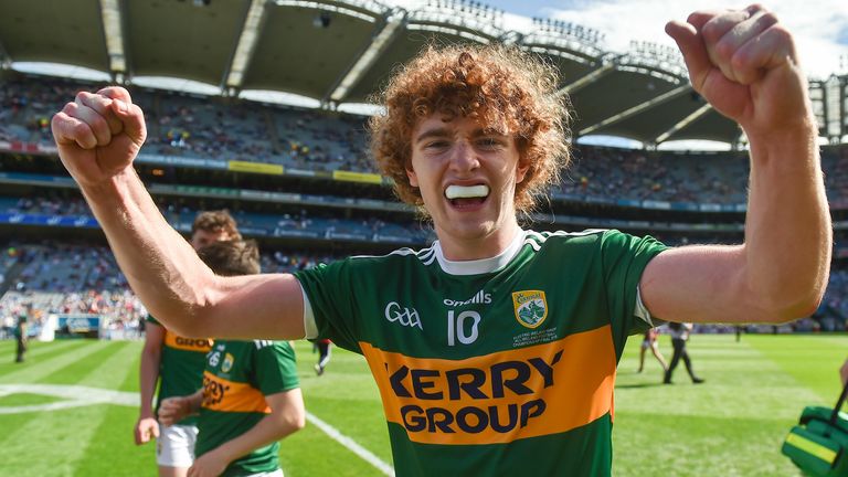 2 September 2018; Paul Walsh of Kerry celebrates after the Electric Ireland GAA Football All-Ireland Minor Championship Final match between Kerry and Galway at Croke Park in Dublin. Photo by Piaras .. M..dheach/Sportsfile