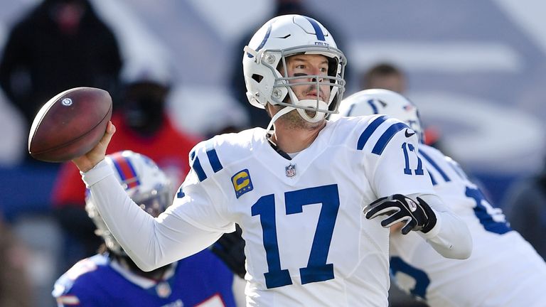 Indianapolis Colts quarterback Philip Rivers (17) throws a pass during the first half of an NFL wild-card playoff football game against the Buffalo Bills Saturday, Jan. 9, 2021, in Orchard Park, N.Y. (AP Photo/Adrian Kraus)