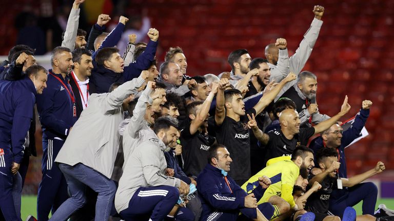 ABERDEEN, SCOTLAND - AUGUST 26 : The Qarabag players celebrate at full time during a UEFA Conference League Qualifier 2nd Leg between Aberdeen and Qarabag at Pittodrie , on August 26, 2021, in Aberdeen, Scotland. (Photo by Alan Harvey / SNS Group)