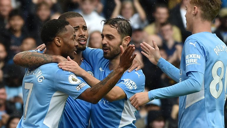 Raheem Sterling, scorer of Man City&#39;s fourth goal, celebrates with team-mates (AP)