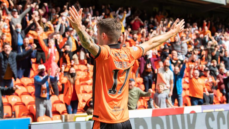 DUNDEE, SCOTLAND - AUGUST 07: Jamie Robson celebrates his goal to make it 1-0 Dundee United during a cinch Premiership match between Dundee United and Rangers at Tannadice, on August 07, 2021, in Dundee, Scotland (Photo by Ross Parker / SNS Group)