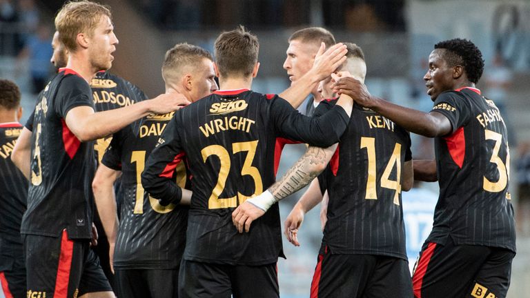 MALMO, SWEDEN - AUGUST 03: The Rangers players celebrate Steven Davis' goal during a Champions League qualifier between Malmo and Rangers at the Eleda Stadion, on August 03, 2021, in Malmo, Sweden. (Photo by Christoffer Borg Mattisson / SNS Group)