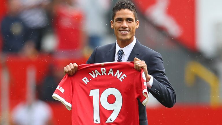 Raphael Varane is presented to fans at Old Trafford after signing for Manchester United