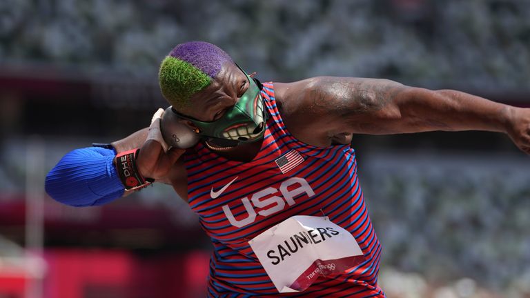 AP - Raven Saunders, of United States, competes in the final of the women's shot put at the 2020 Summer Olympics, Sunday, Aug. 1, 2021, in Tokyo. (AP Photo/Matthias Schrader)