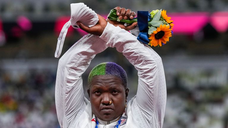 Raven Saunders performed the 'X' gesture after claiming silver in the final of the women's shot put 