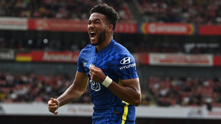 Reece James celebrates after scoring Chelsea's second goal against Arsenal