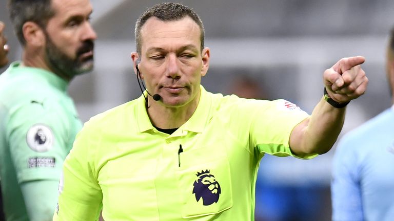 Referee Kevin Friend points to the spot during Newcastle United's game against Manchester City last season