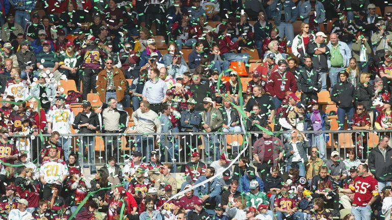 Fans of the Rhein Fire celebrate during an NFL Europe game against the Berlin Thunder at the Rheinstadion in Duesseldorf in 2002. (Photo by Adam Pretty/Getty Images)
