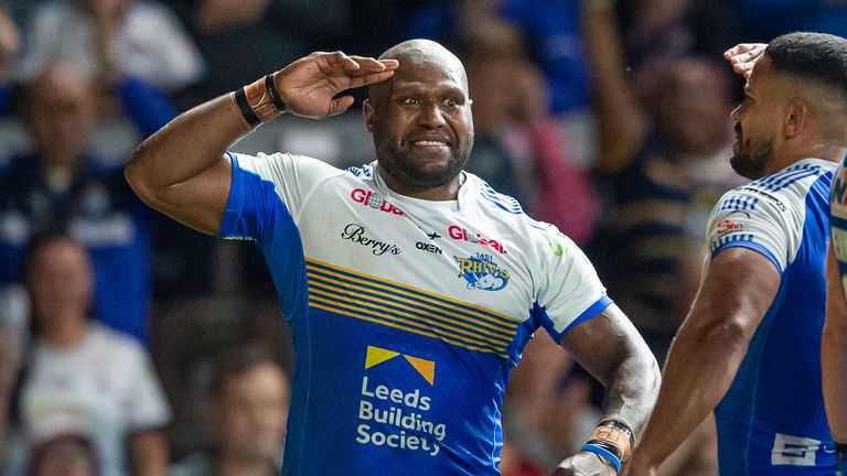  Leeds's Rob Lui celebrates his try against Huddersfield.