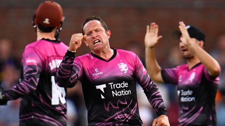 Roelof Van Der Merwe of Somerset celebrates after taking the wicket of Josh Bohannon of Lancashire Lightning during the Vitality T20 Blast Quarter Final match between Somerset CCC and Lancashire Lightning