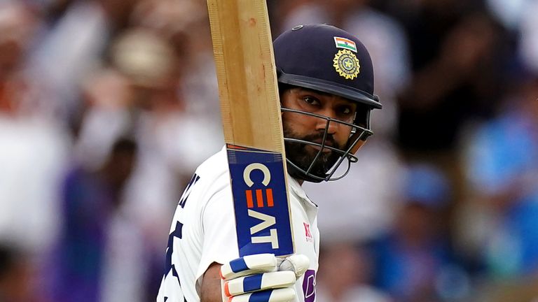 Indian opener Rohit Sharma acknowledges the Lord's crowd as he brings up his half century on day one of the second Test against England