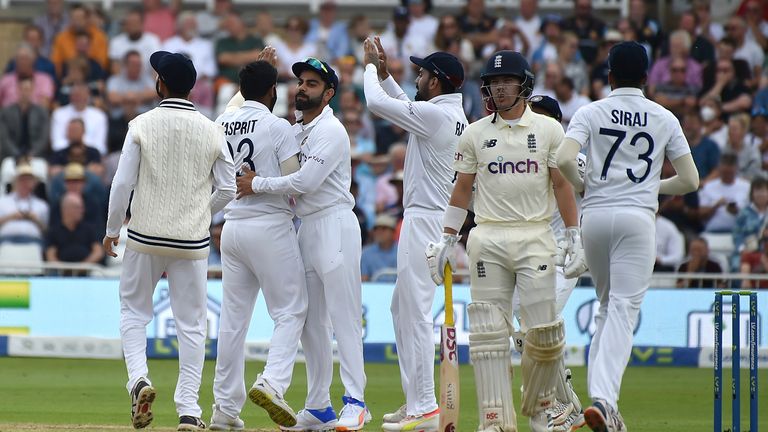 Jasprit Bumrah and India celebrate after Rory Burns departs for a duck at Trent Bridge