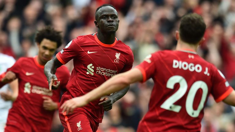 Sadio Mane celebrates after doubling Liverpool's lead at Anfield