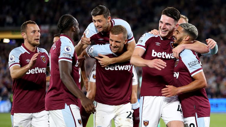 West Ham players celebrate after Said Benrahma put them 2-0 up against Leicester City
