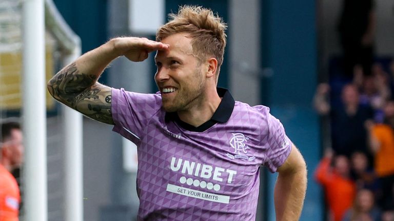 Scott Arfield salutes the fans after scoring Rangers' fourth goal against Ross County