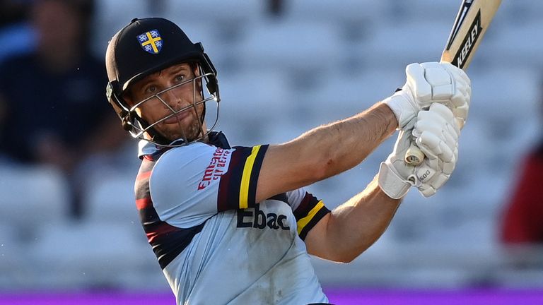  Sean Dickson of Durham hits a 6 during the Royal London Cup Final between Glamorgan and Durham at Trent Bridge on August 19, 2021 in Nottingham, England