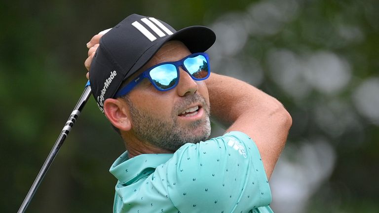 Sergio Garcia, of Spain, tees off from the fifth hole during the final round of the BMW Championship golf tournament, Sunday, Aug. 29, 2021, at Caves Valley Golf Club in Owings Mills, Md. (AP Photo/Nick Wass)