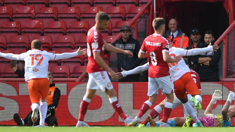 Blackpool's Shayne Lavery (left) celebrates after scoring a late equaliser