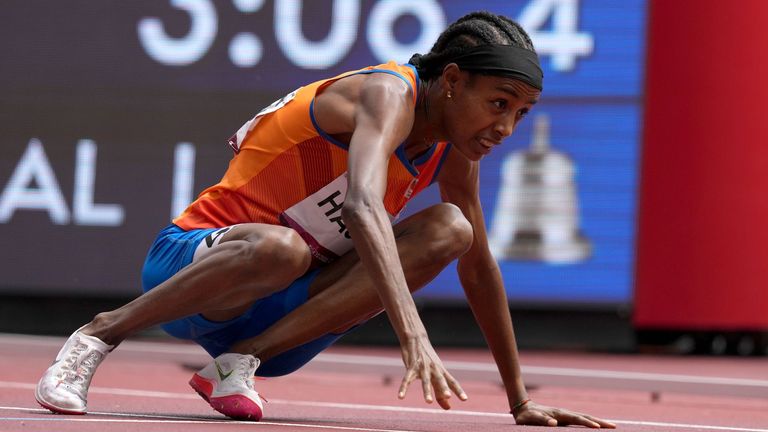 Netherlands&#39; Sifan Hassan recovers after a fall during the Women&#39;s 1500m Heats in Tokyo