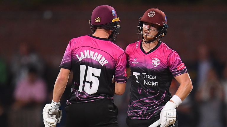 Tom Abell of Somerset celebrates their half century with team mate Tom Lammonby during the Vitality T20 Blast Quarter Final match between Somerset CCC and Lancashire Lightning