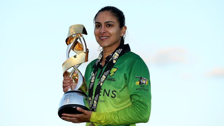 Western Storm&#39;s Sonia Odedra in 2019 celebrating with the trophy after winning during the Kia Super League final