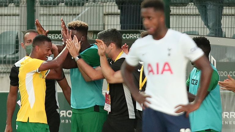 Pacos de Ferreira's Lucas de Jesus, left, celebrates after scoring against Spurs